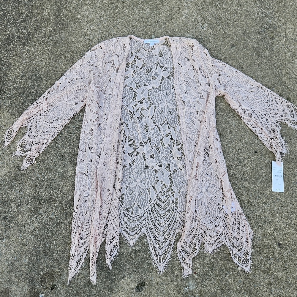 Nwt Small Women Pink Lace Cardigan Open Front Floral Beach Cover Up Sheer Kimono